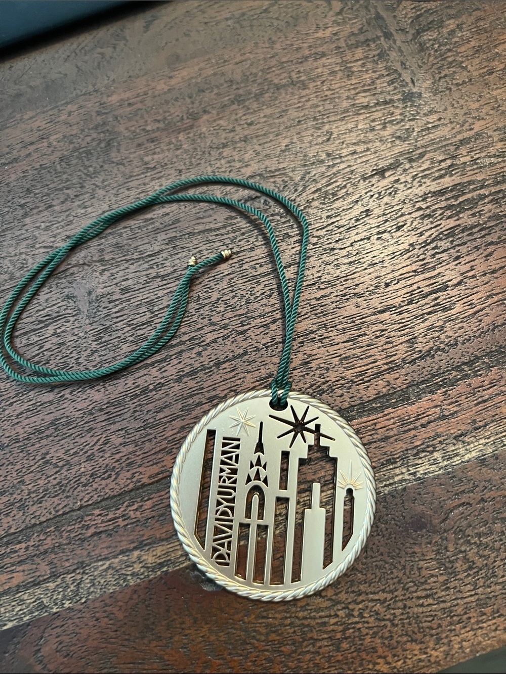 David Yurman Gold Ornament with Green Cord and NYC Skyline Cutout